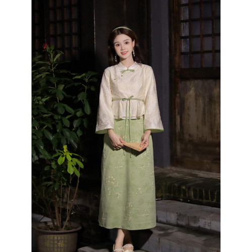 瑶西【青山黛雨】气质长裙秋冬新中式汉服国风裙子连衣裙两件套