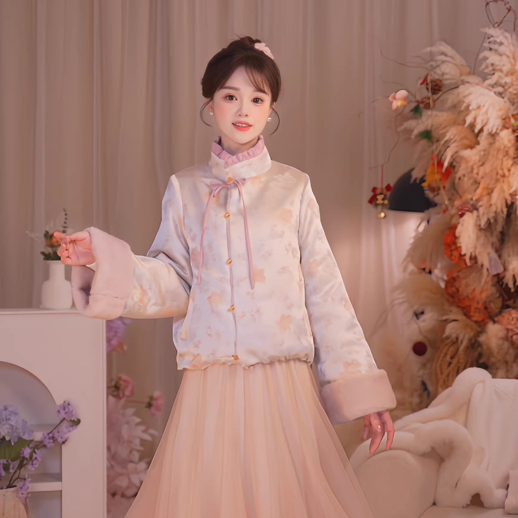 瑶西【粉棠花开】冬季国风原创厚提花毛绒两穿外套加绒半纱裙套装,女装/女士精品,汉服套装,淘宝优惠券,粉丝福利购,淘宝优惠卷