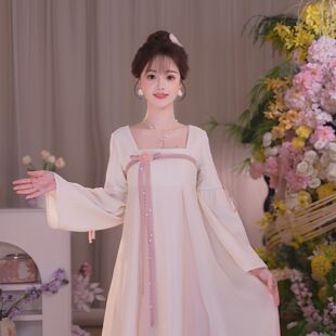 国风原创改良汉元 2026新款 素氛围感连衣裙 云粉杏纱 瑶西