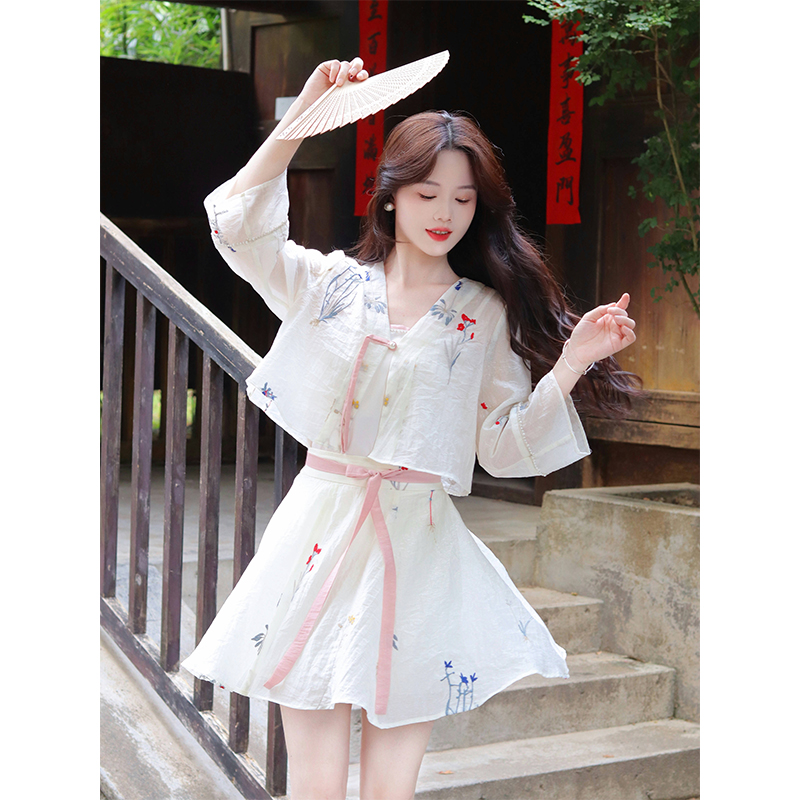 瑶西【织花槿】莱赛尔白色刺绣短裙汉服新中式夏季吊带透气连衣裙