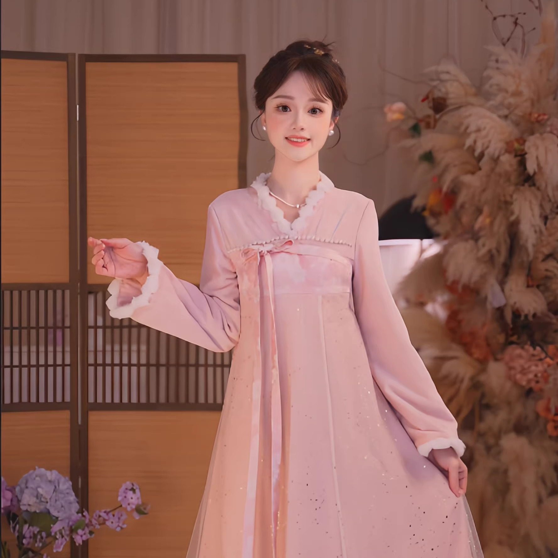 瑶西【粉裕鎏光】冬季新款国风原创丝绒洒金改良汉元素长款连衣裙,女装/女士精品,汉服连衣裙,淘宝优惠券,粉丝福利购,淘宝优惠卷