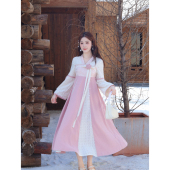 粉色方领拼接蕾丝长裙秋冬连衣裙国风新中式 瑶西 粉黛佳人