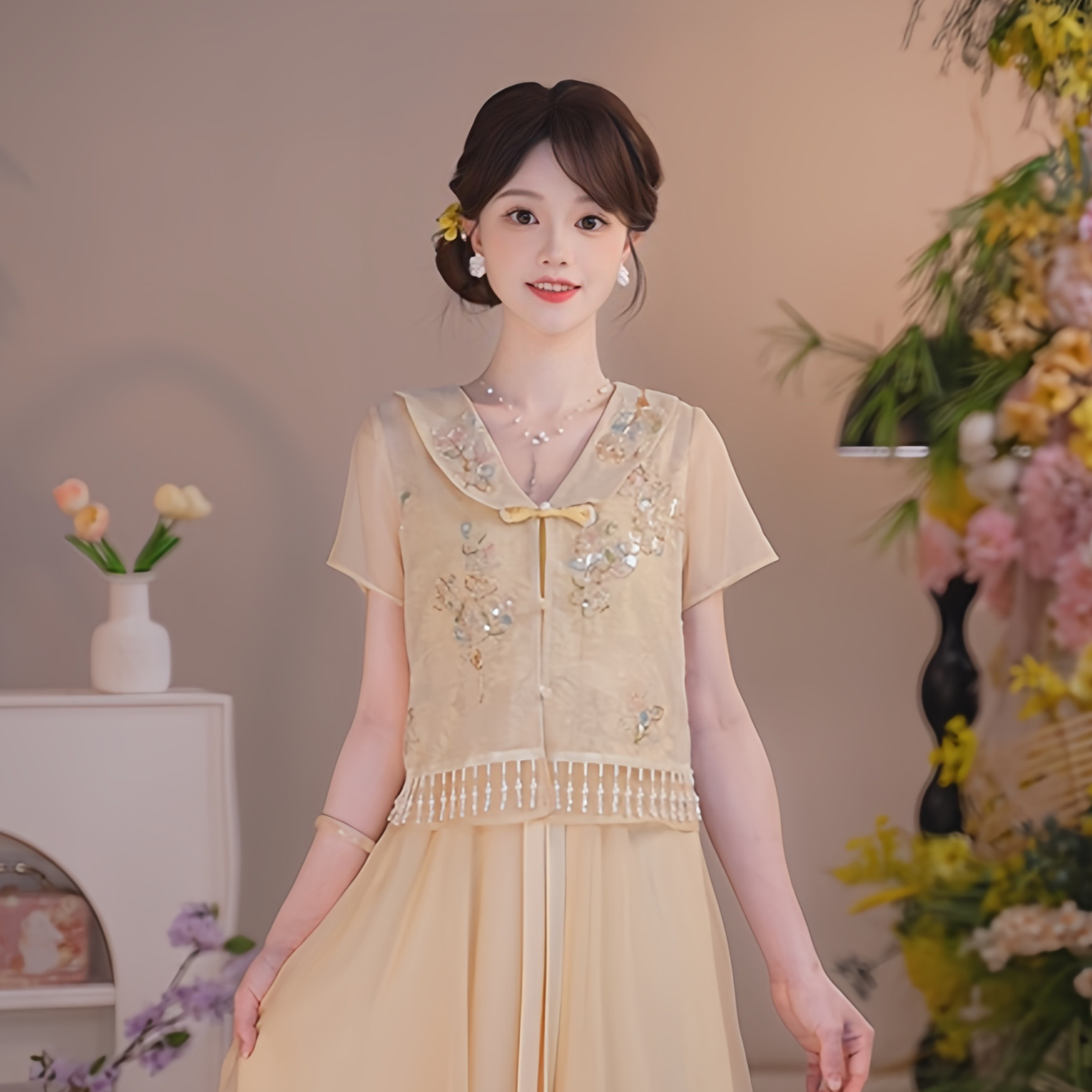 瑶西【杏锦花尧】国风原创杏色手工珠绣流苏有袖马甲气质女套装