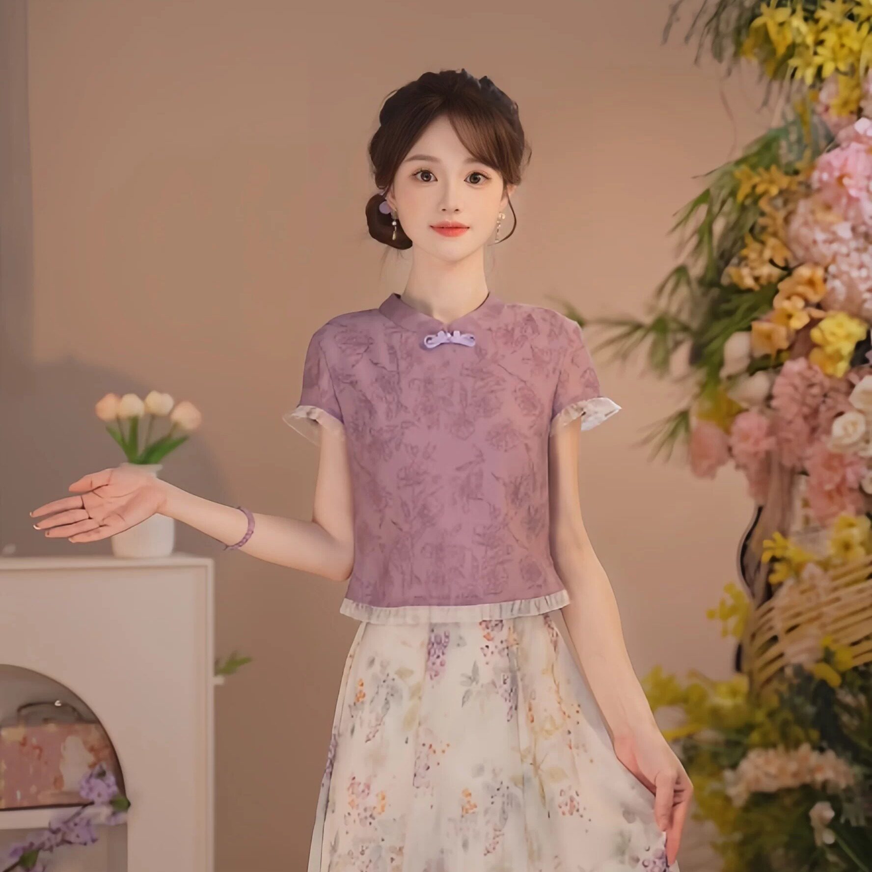 瑶西【暮山紫藤】国风原创改良日常盘扣蕾丝花边上衣印花半身纱裙