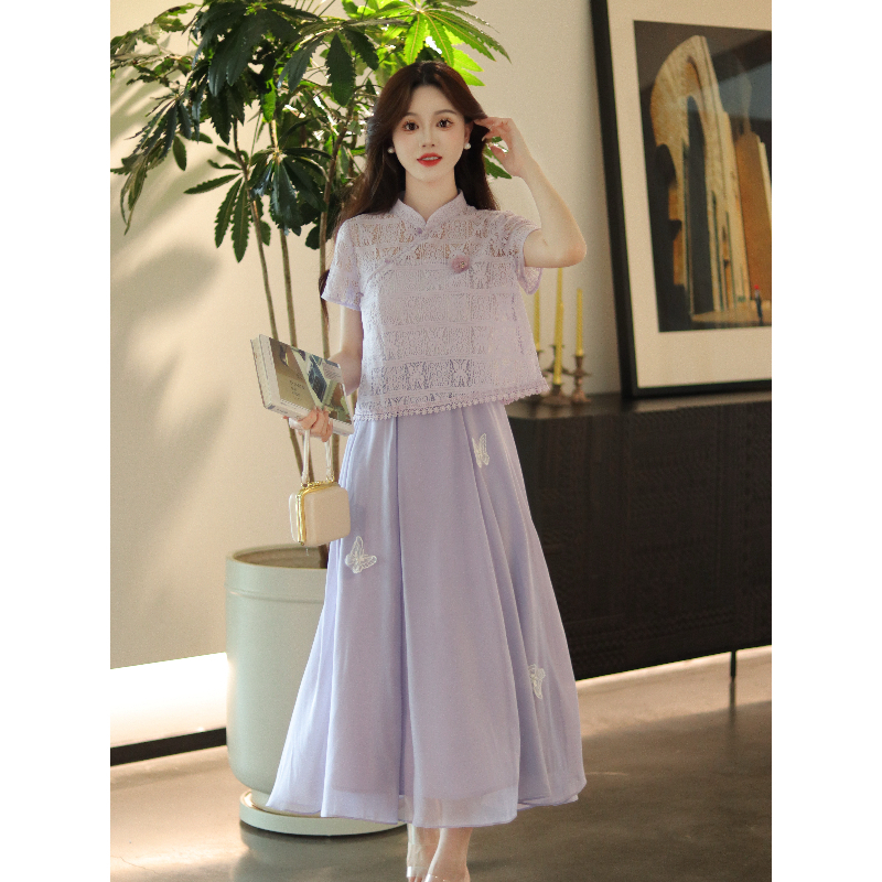 瑶西【紫蝶】有袖紫色女夏大摆裙长裙出游汉服新中式两件套
