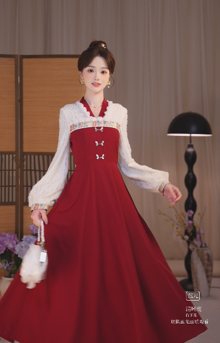 瑶西【暖岁】绣花红色复古长袖裙冬季厚款新中式改良汉元素汉服