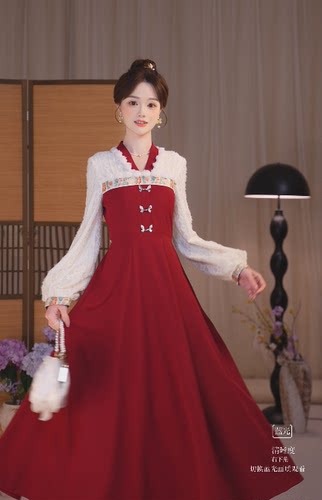 瑶西【暖岁】绣花红色复古长袖裙冬季厚款新中式改良汉元素汉服