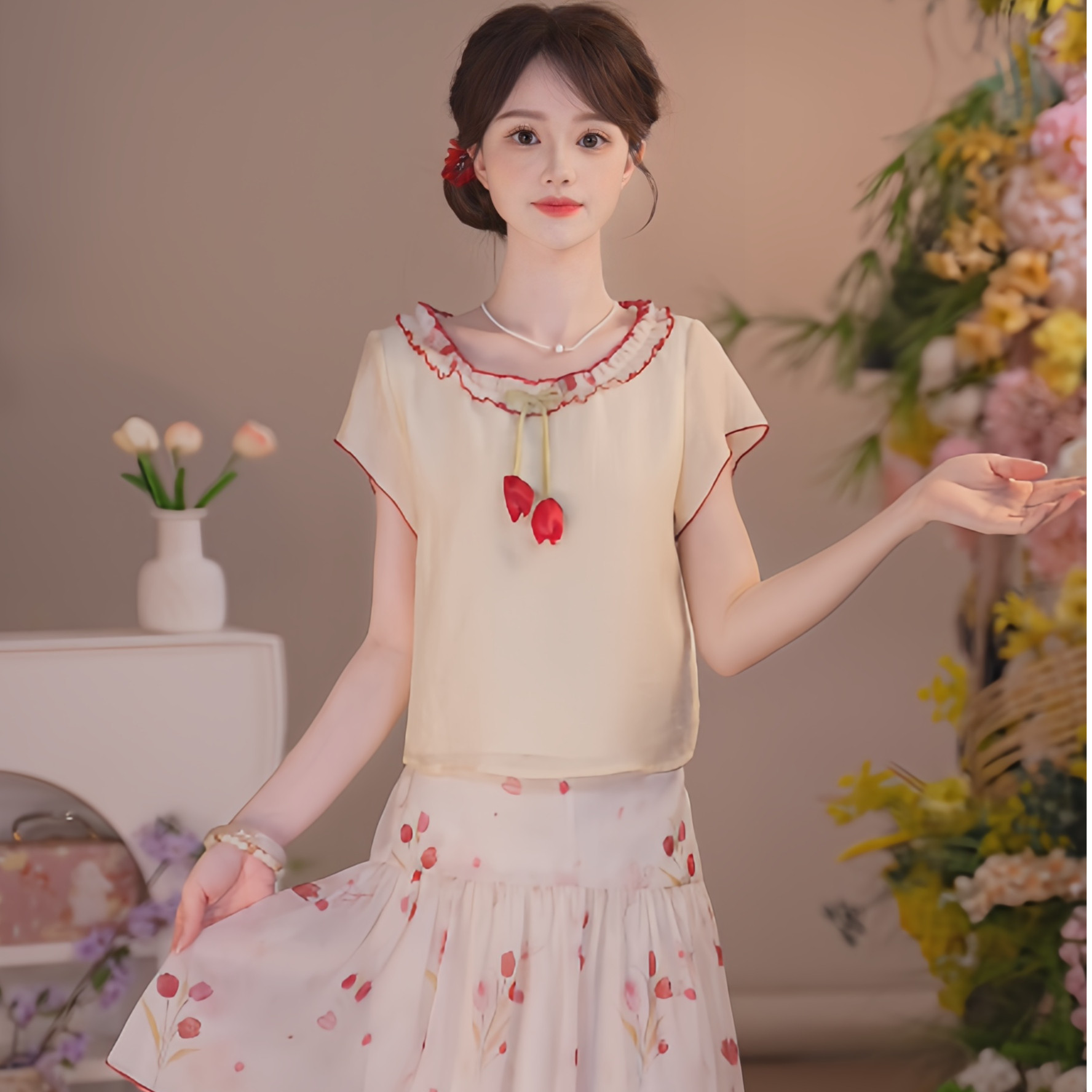 瑶西【夏日红郁】国风原创汉服日常木耳边立体郁金香上衣印花半裙