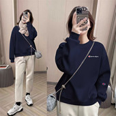 七彩冠军秋冬潮牌圆领卫衣女藏蓝百搭显瘦宽松休闲加绒打底上衣衫