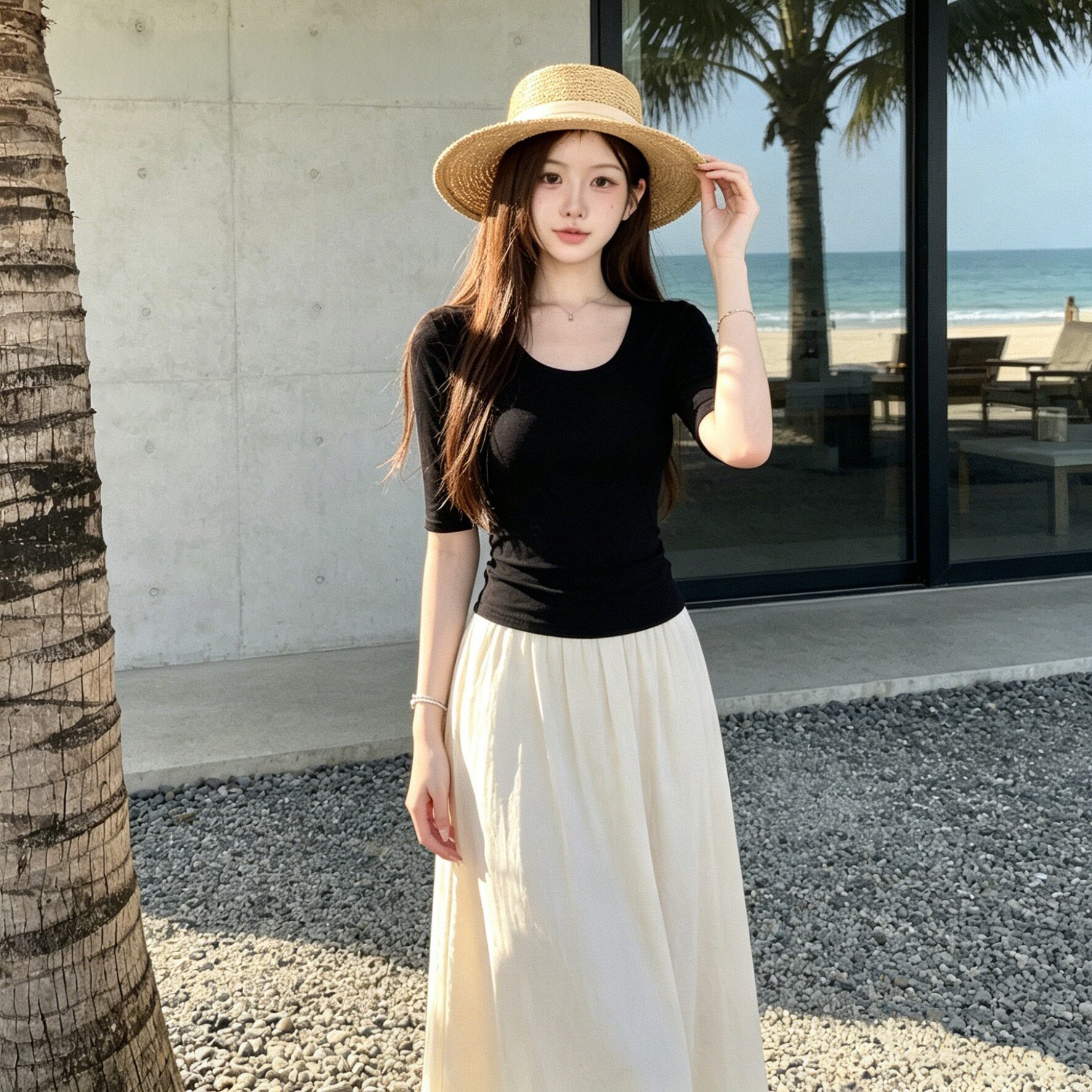 洋气U领纯欲风正肩中袖T恤女夏季修身收腰巨好看辣妹短款半袖上衣图片