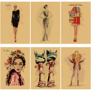 时尚 饰墙贴画纸 女孩彩绘海报复古牛皮纸画房间卧室墙面布置墙壁装