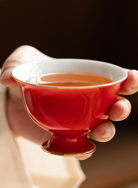 红色色釉双色霁蓝高脚杯中式多彩白瓷主个人单杯茶具复古品茗茶杯