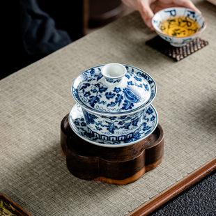 复古青花瓷白瓷大号茶碗八宝茶三才盖碗陶瓷茶碗茶杯250ml泡茶碗