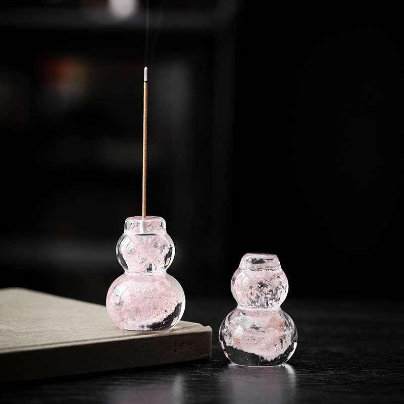 尚器 粉色葫芦水晶玻璃荧光盖置小号葫芦盖托创意茶壶小摆件茶宠