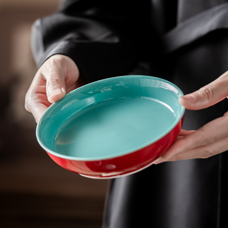 尚器 故宫红松石绿圆满壶承红色釉茶道零配件茶托茶承干泡盘壶托