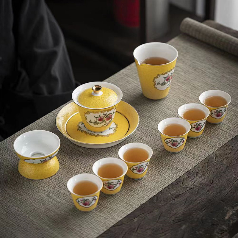珐琅彩寿桃套装 复古奢华盖碗茶杯功夫茶具套装整套描金高档礼盒