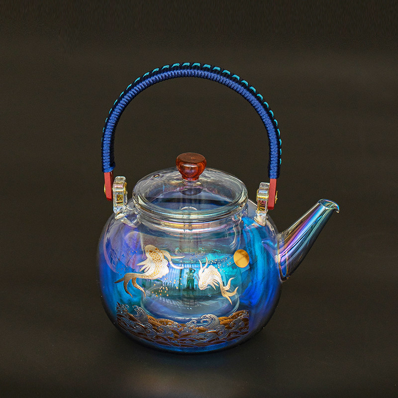 焕彩金银烧玻璃煮茶器泡茶壶蒸提梁壶茶壶家用耐高温烧水壶中式