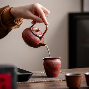 老岩泥满山红赭石釉提梁壶 泡茶壶家用复古岩矿中式防烫陶瓷茶具