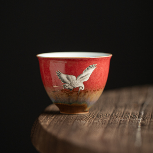 故宫文创瑞鹤呈祥鸡心杯茶杯主人杯单个主人杯红色茶杯复古中式杯
