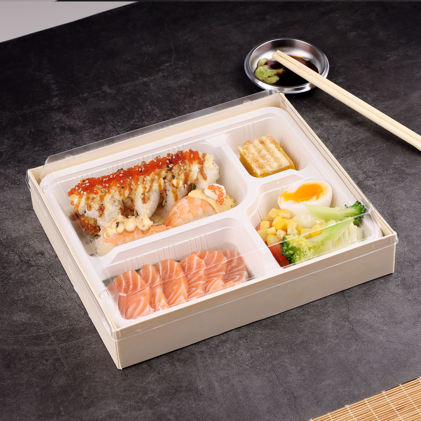 日式便当盒一次性日料定食寿司外卖打包盒商务套餐五分格木质餐盒