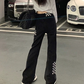 胖妹妹显瘦梨型身材微喇叭阔腿裤 高腰棋盘格牛仔裤 女春秋复古大码