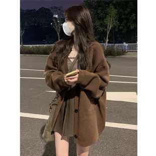 大码胖妹妹慵懒风毛衣外套女春秋冬新款复古设计感小众针织开衫