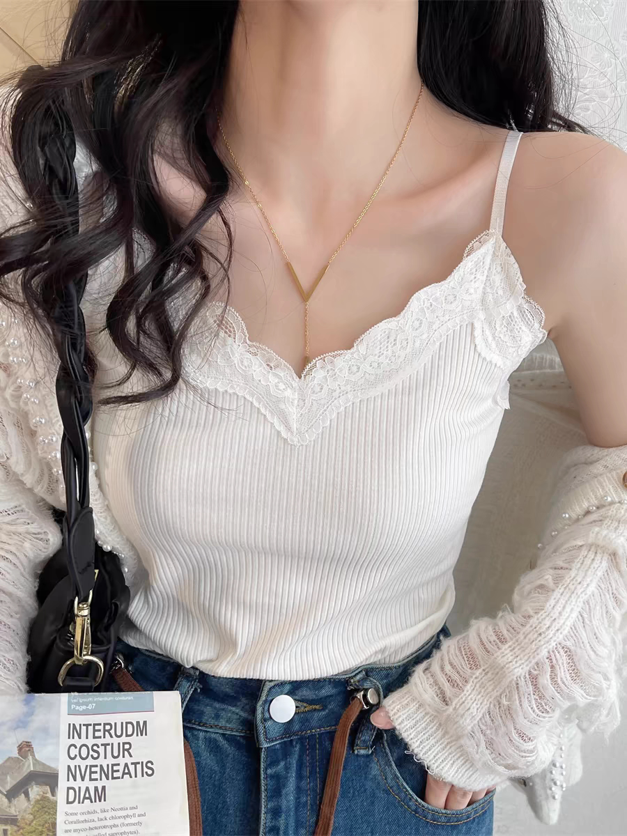 大码胖妹妹美背蕾丝小吊带背心女夏外穿新款内搭西装打底v领上衣