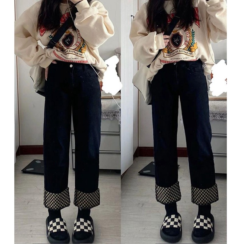 梨型身材直筒牛仔裤女高腰秋冬新款加绒大码胖妹妹宽松显瘦阔腿裤,女装/女士精品,牛仔裤,淘宝优惠券,粉丝福利购,淘宝优惠卷