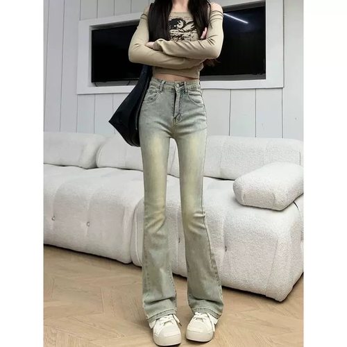 美式高街高腰微喇牛仔春秋喇叭裤