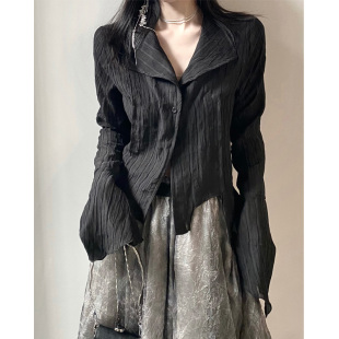 春秋新款 女长袖 叠穿上衣设计感小众衬衣 胖妹妹不规则黑色衬衫 大码