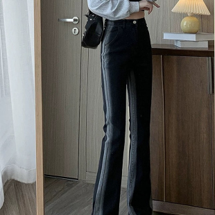 大码胖mm微喇弹力牛仔裤女春夏新款高腰修身显瘦瘦腿喇叭直筒裤子