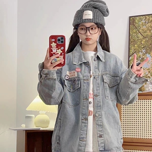 大码胖妹妹美式复古牛仔外套女春秋季宽松设计感徽章情侣工装夹克