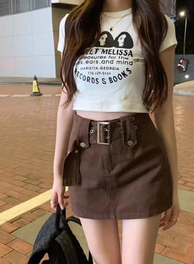 大码胖妹妹美式复古咖色牛仔半身裙女春夏高腰包臀显瘦A字短裙裤