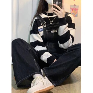 美式复古牛仔背带裤女春秋冬新款大码宽松显瘦高腰直筒减龄长裤子