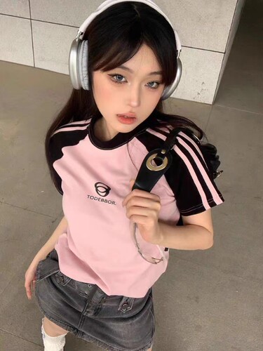 撞色插肩袖弹力修身显瘦上衣夏