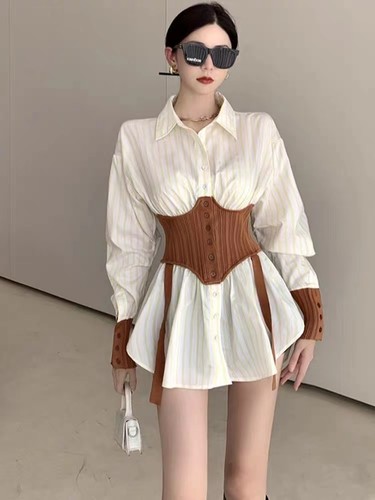 大码法式假两件长袖收腰衬衫