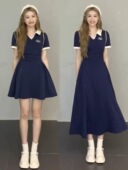 大码 微胖妹妹减龄收腰A字显瘦学院风长裙 polo领连衣裙女春夏新款
