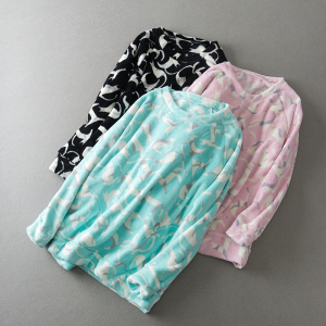 女装新品舒适保暖法拉绒睡衣女士圆领长袖印花韩版家居服L8中