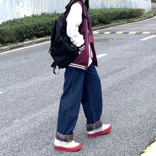 秋新复古深蓝色直筒牛仔裤女显