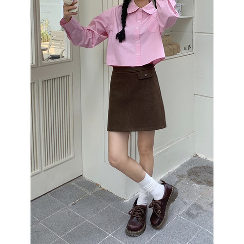 Punkhoo 春秋复古咖色短裙女韩版学院风毛呢a字裙高腰显瘦半身裙