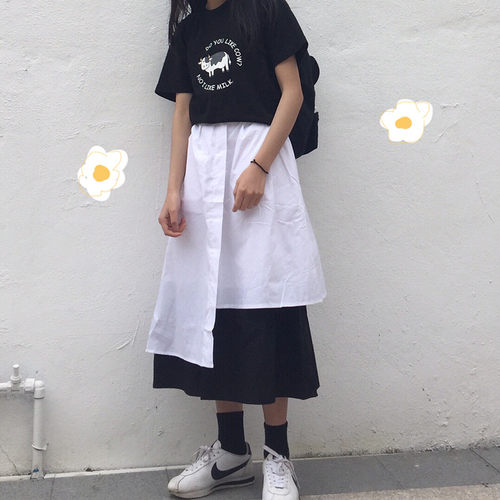 Punkhoo 夏季新款日系小众设计感拼接半身裙女中长款a字伞裙裙子