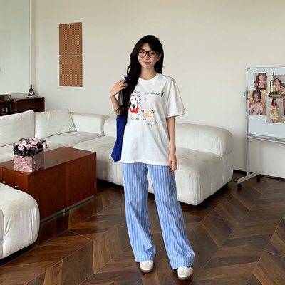 Punkhoo 夏季新款宽松可爱小狗印花t恤短袖女休闲百搭上衣纯棉