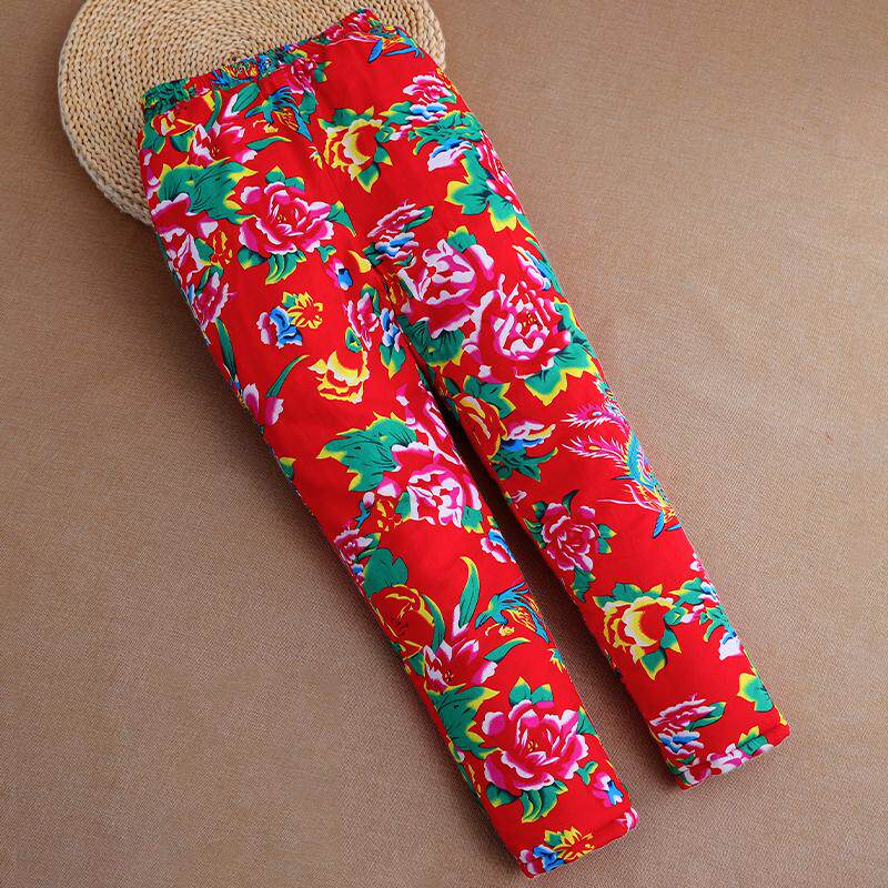 东北大花布棉裤夹棉男女士冬季加厚高腰保暖裤防寒大码长裤子