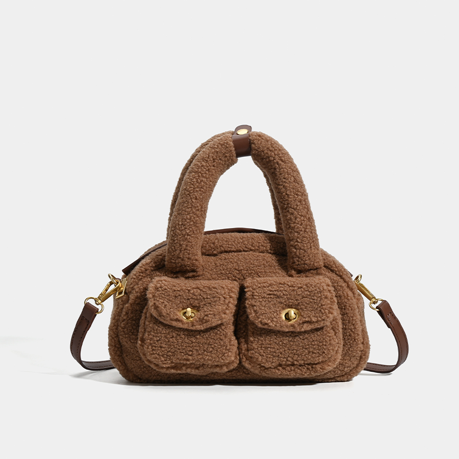 2025秋冬新款复古毛绒波士顿包女可爱毛呢手提包慵懒风单肩斜挎包