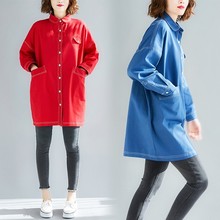 纯色外套春装 女休闲风衣 2019款 文艺范宽松大码 韩版 牛仔拼接中长款