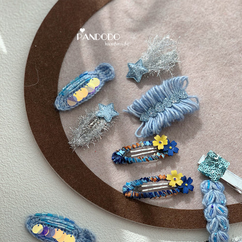 独家自制 温柔蓝色海洋小鱼儿毛线发夹 流星儿童发饰女童闪亮发卡