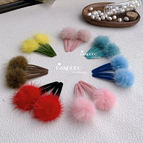 Pandodo秋冬新款儿童丝绒发夹 水貂毛球BB夹 宝宝发饰刘海夹