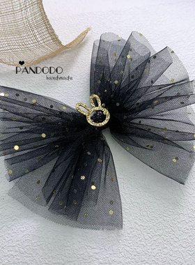 Pando原创手作 小金点黑色纱纱超大蝴蝶结儿童发夹 演出造型发饰