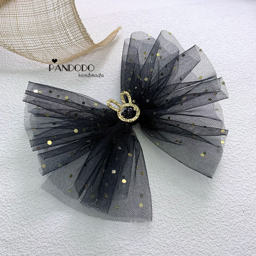 Pando原创手作 小金点黑色纱纱超大蝴蝶结儿童发夹 演出造型发饰