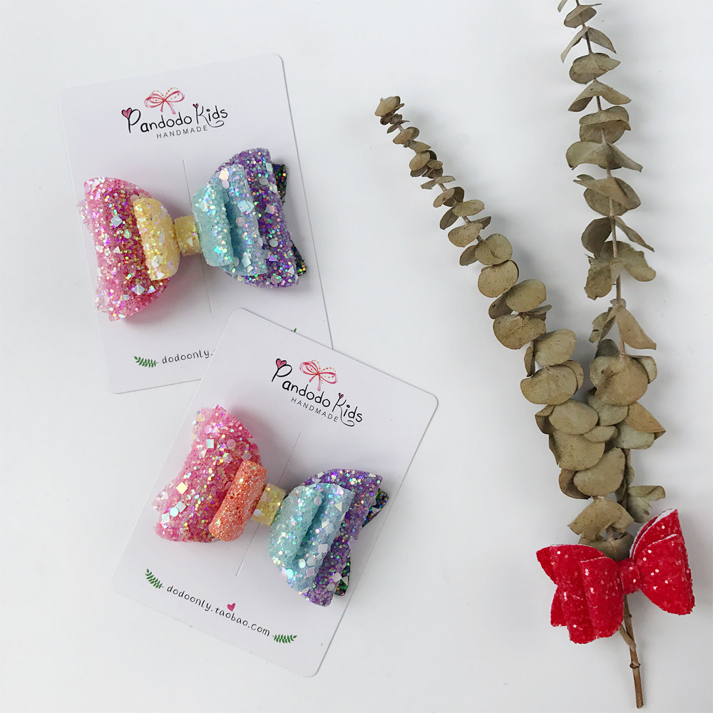 pandodo原创手工 进口闪布ins款彩虹蝴蝶结儿童发夹宝宝发饰